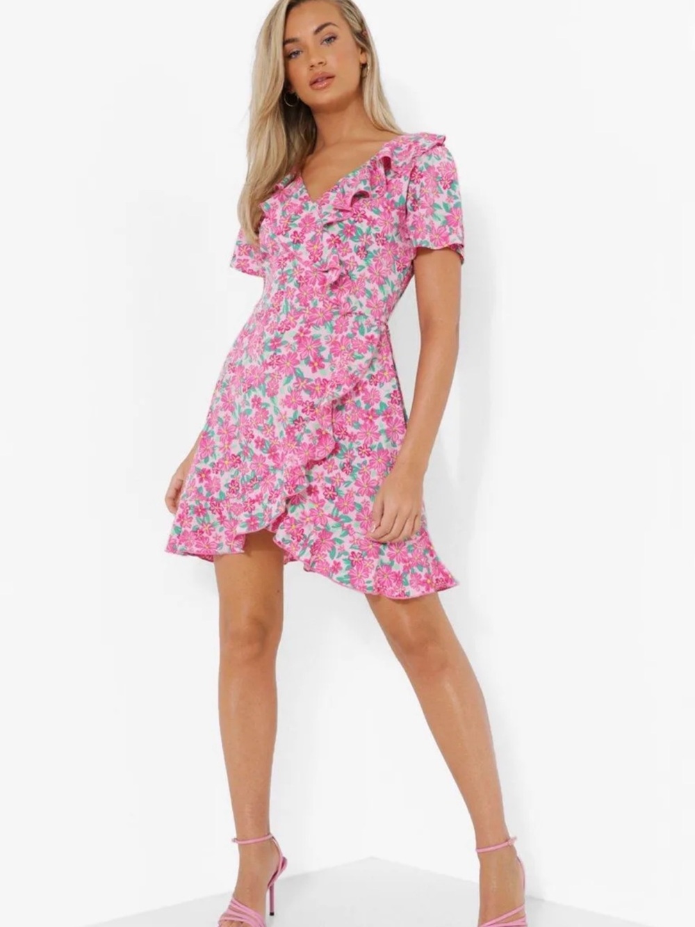 Pink Floral Ruffle Mini Dress - Picture 3 of 4